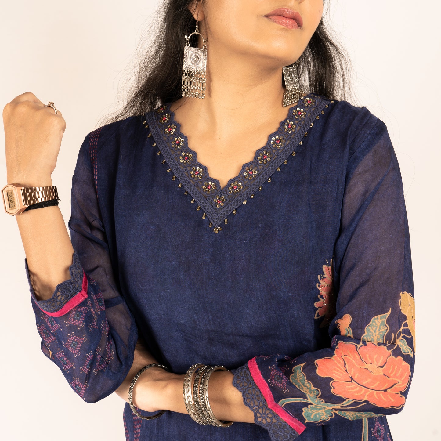 Floral crepe-silk kurti set