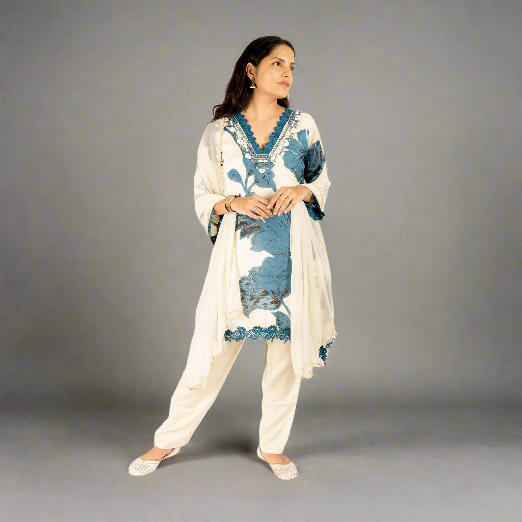 White&Blue crepe kurti set