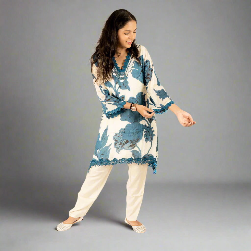 White&Blue crepe kurti set