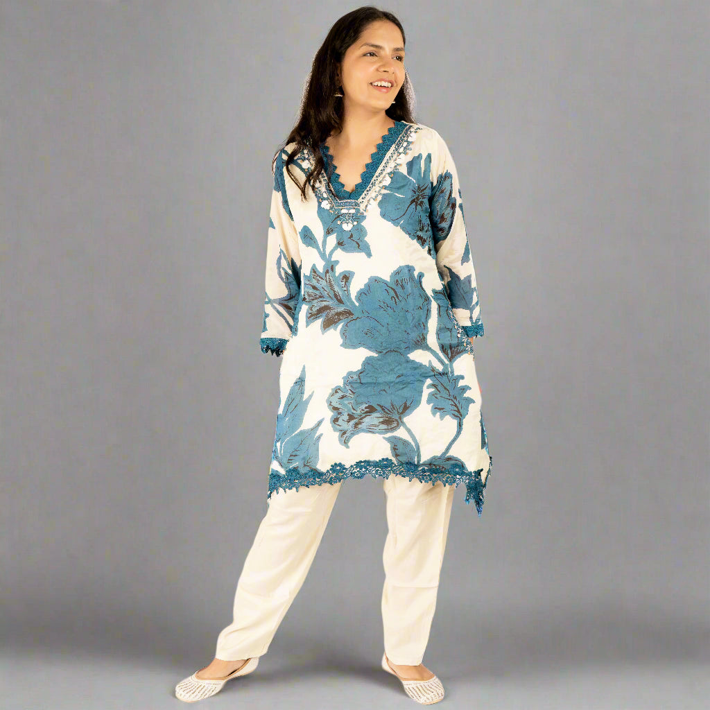 White&Blue crepe kurti set