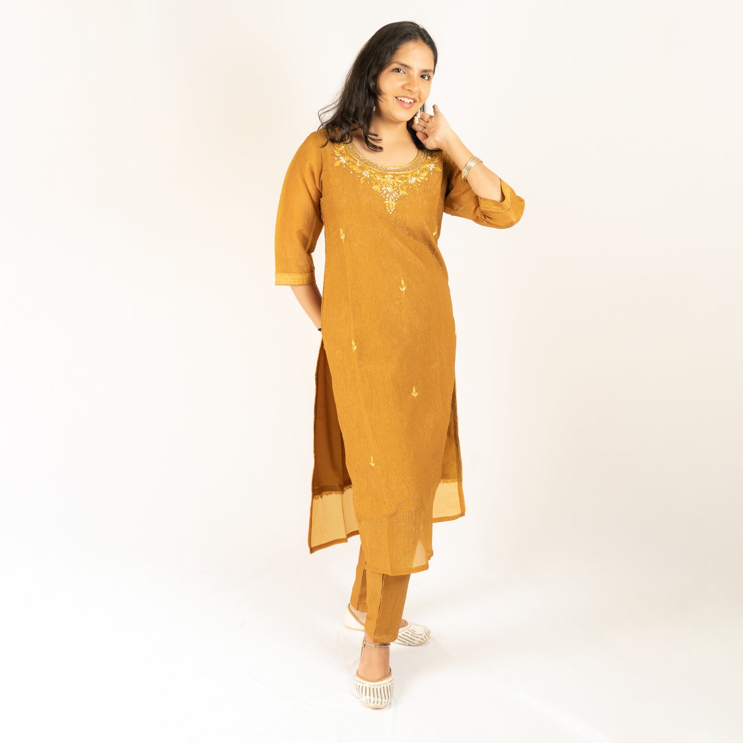 Crush silk mustard yellow kurti set