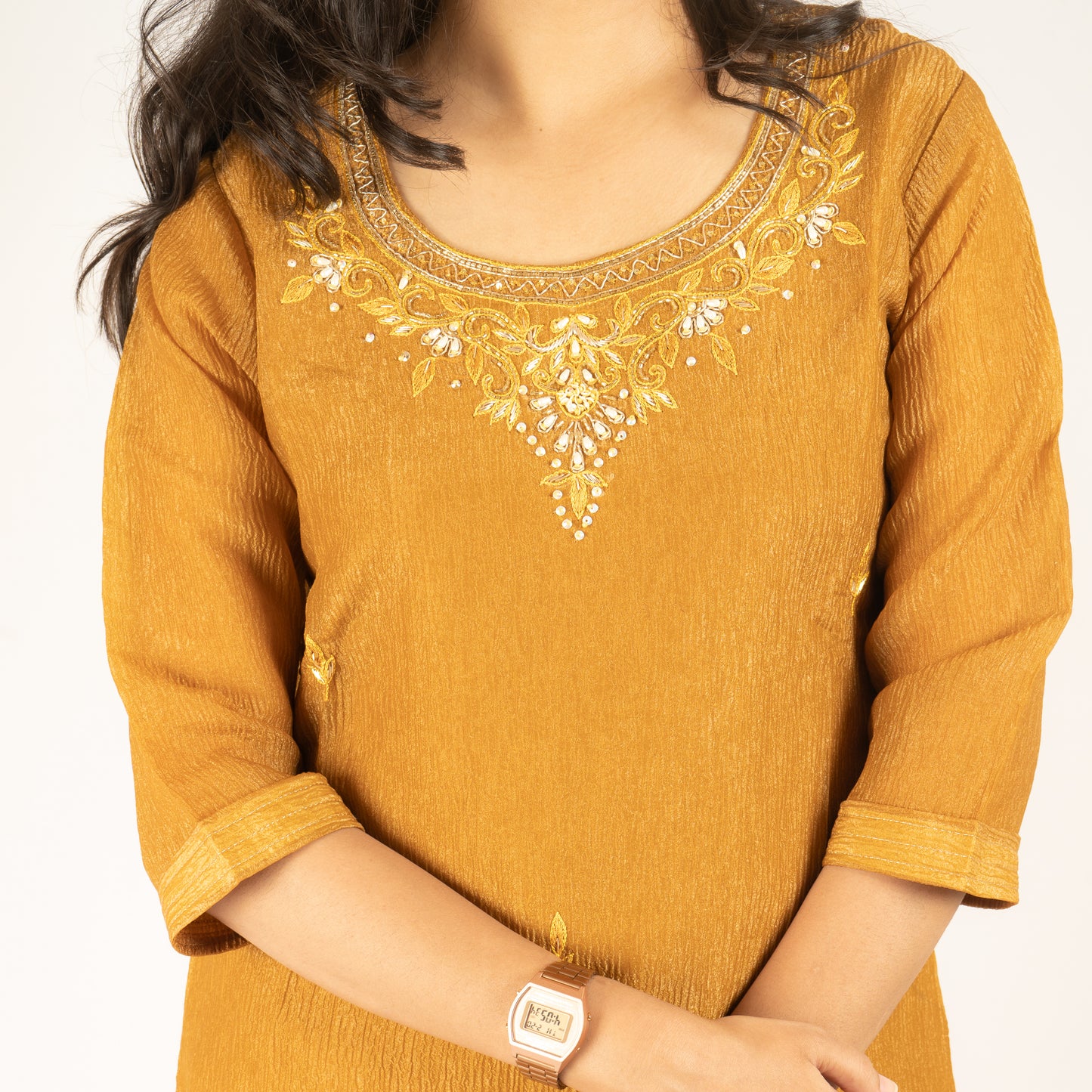 Crush silk mustard yellow kurti set