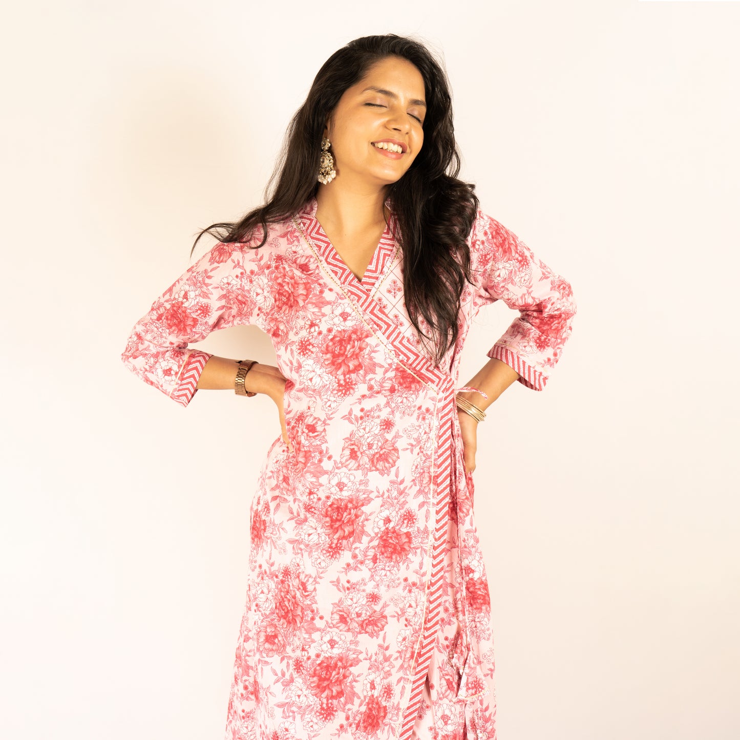 Pink Angrakha cotton kurti set