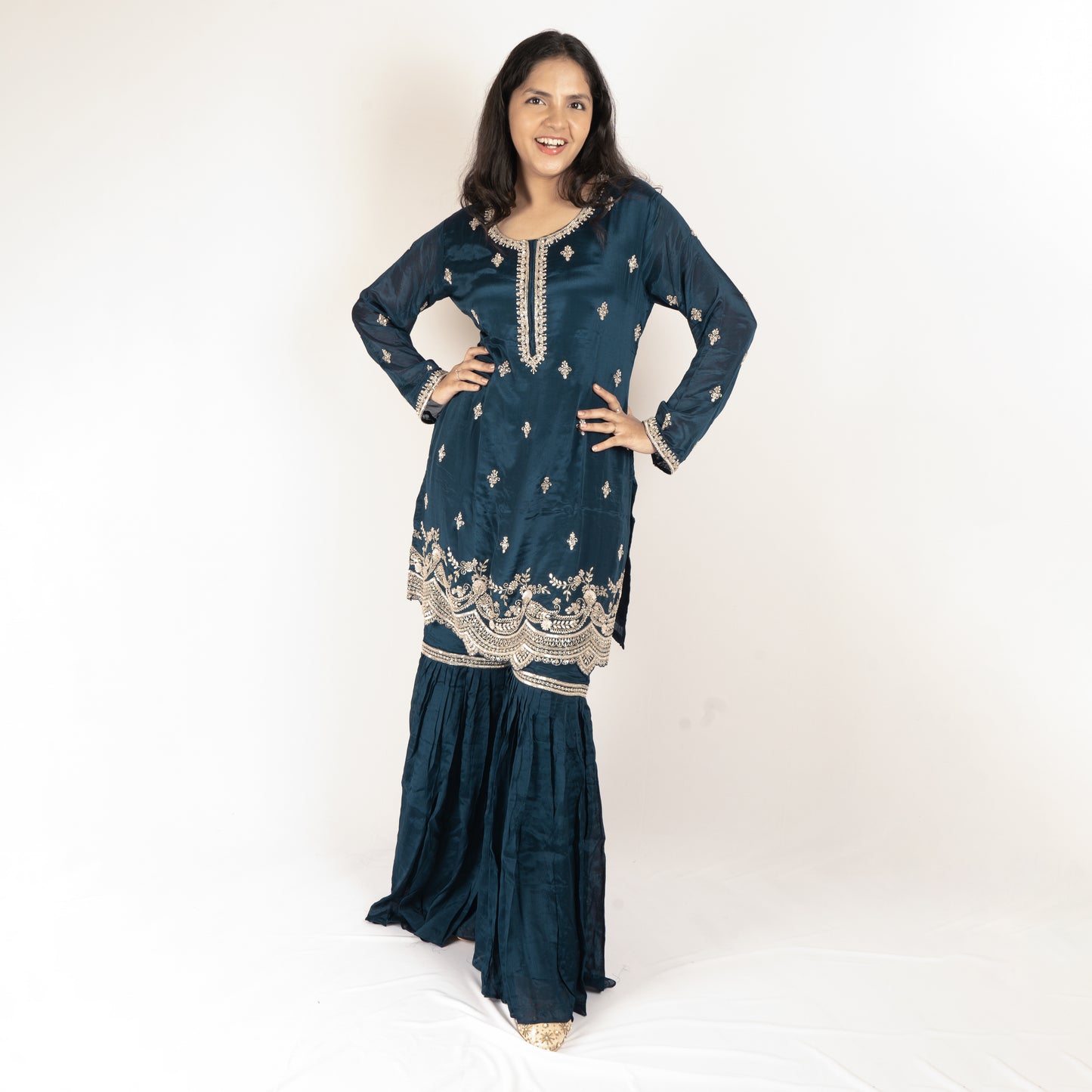 Teal blue Pure crepe sharara set