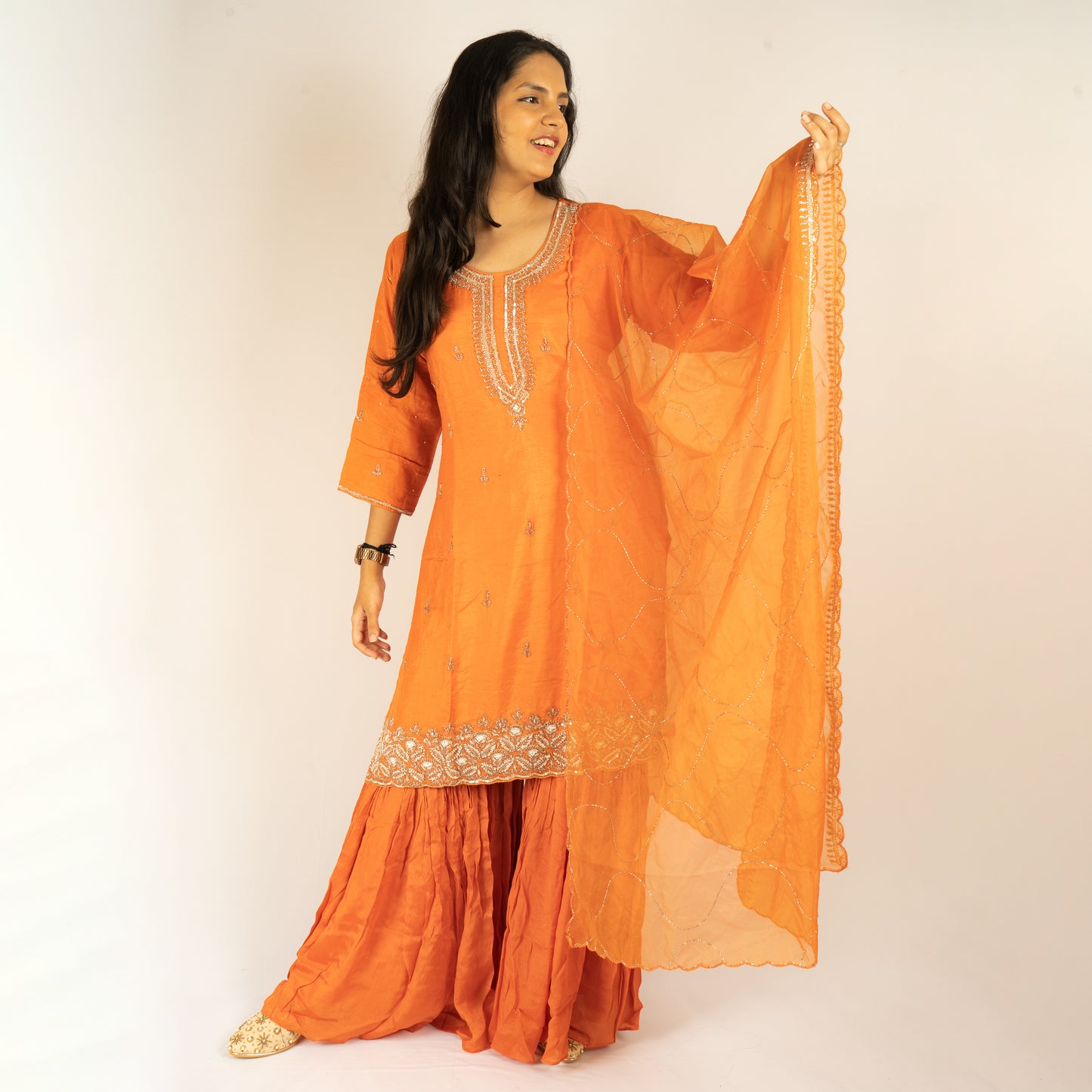 Pure silk orange sharara-set
