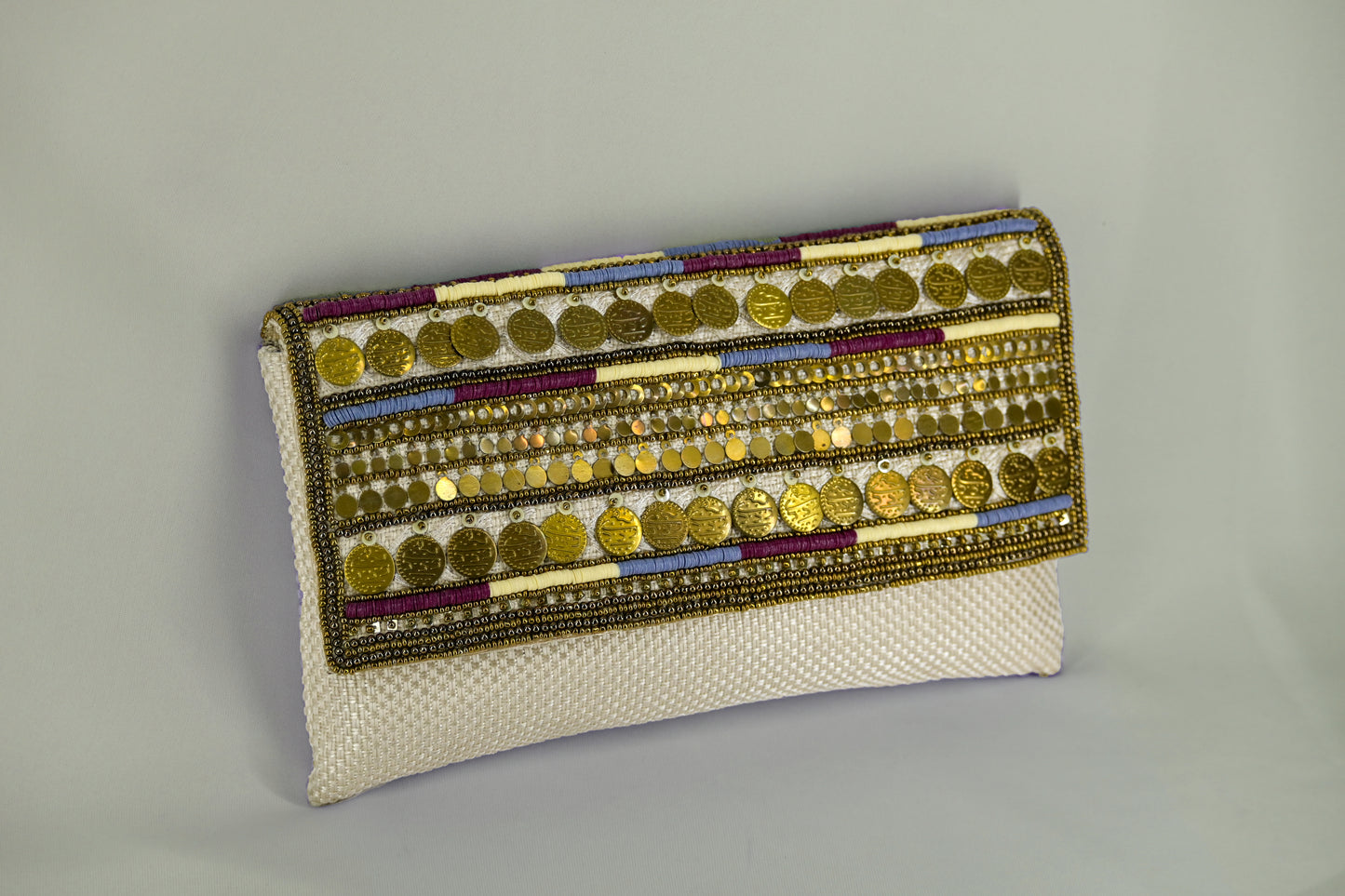 Coin work antique jute clutch with sling