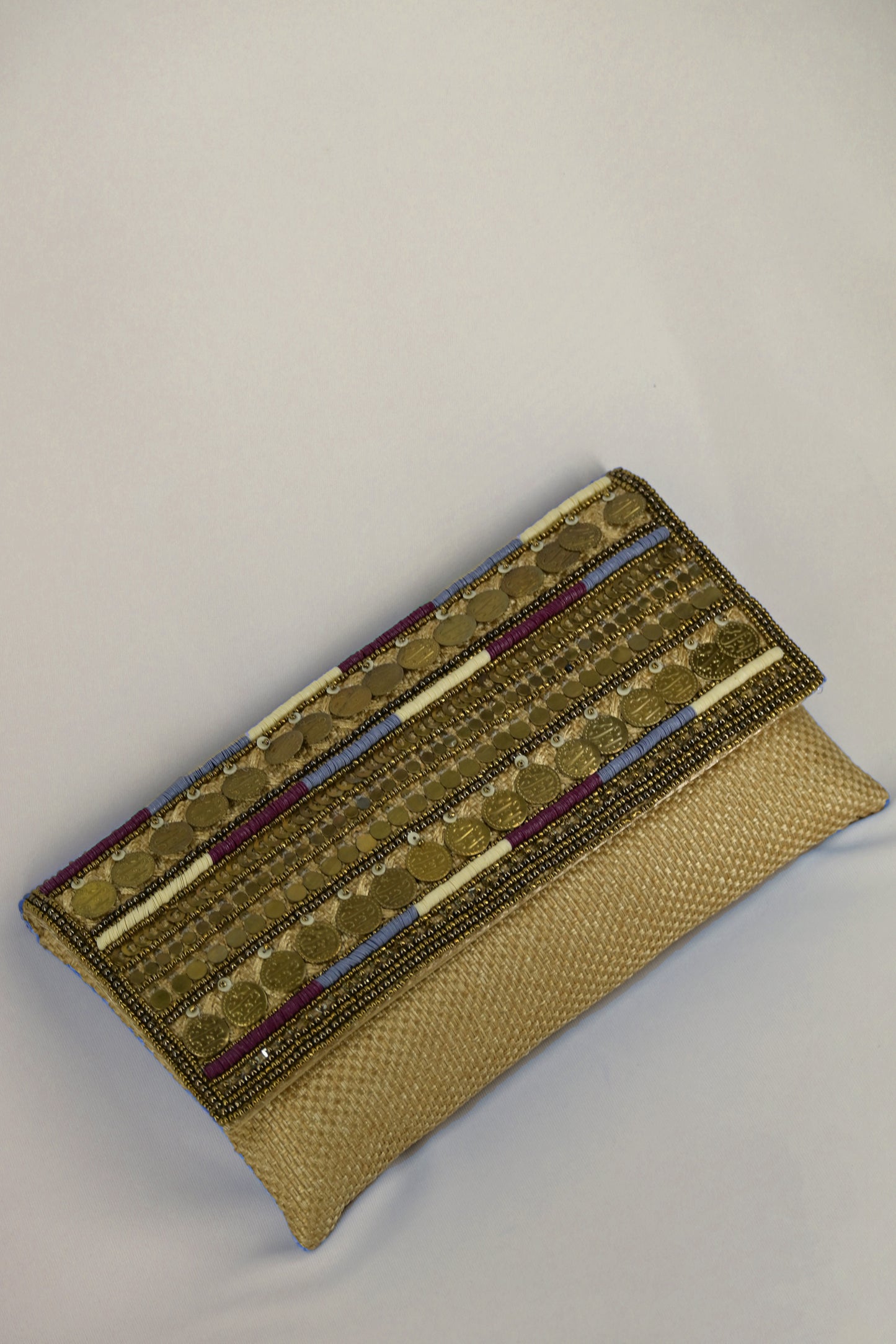 Coin work antique jute clutch with sling