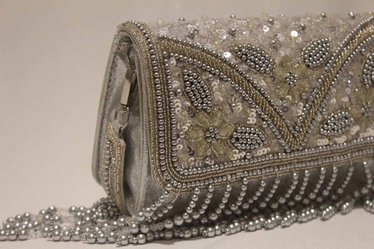 Embellished pearl clutch with handle & sling