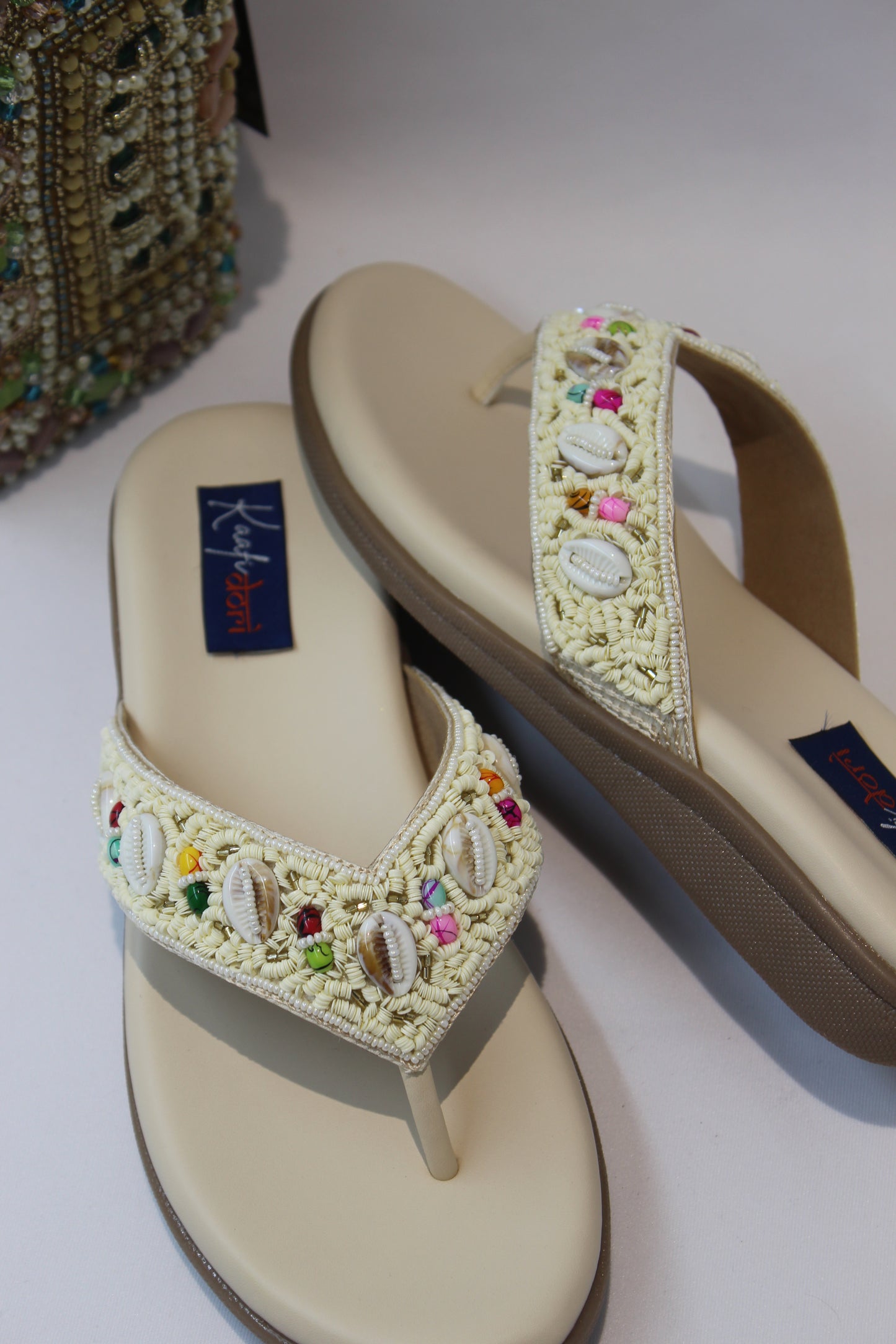 Beige Embellished and seed stone flats