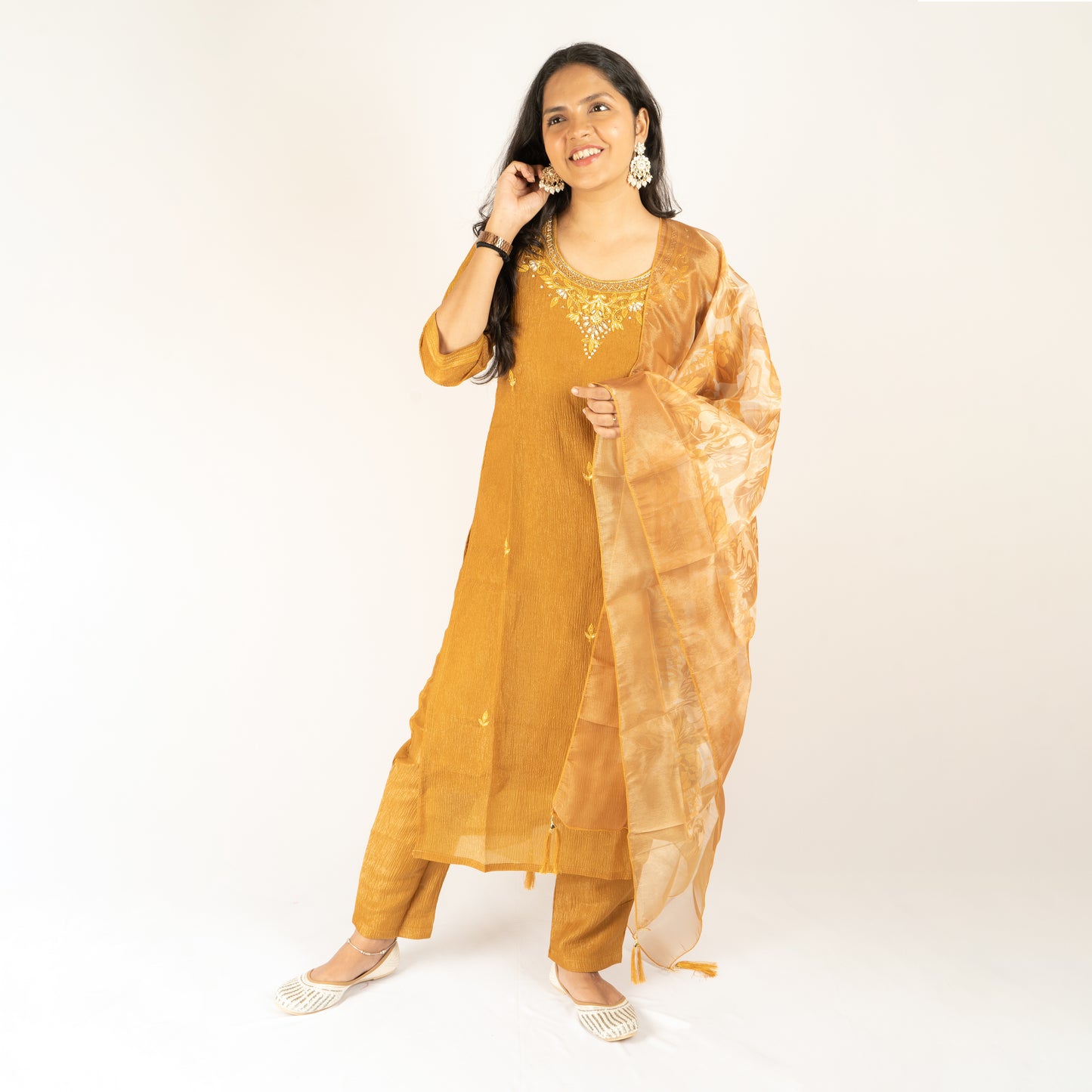Crush silk mustard yellow  kurti set