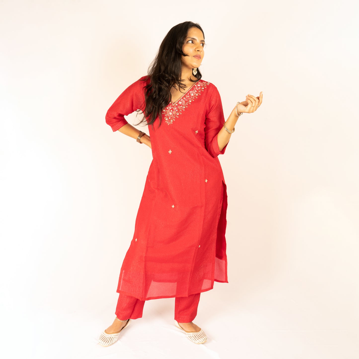 Crush silk red kurti set