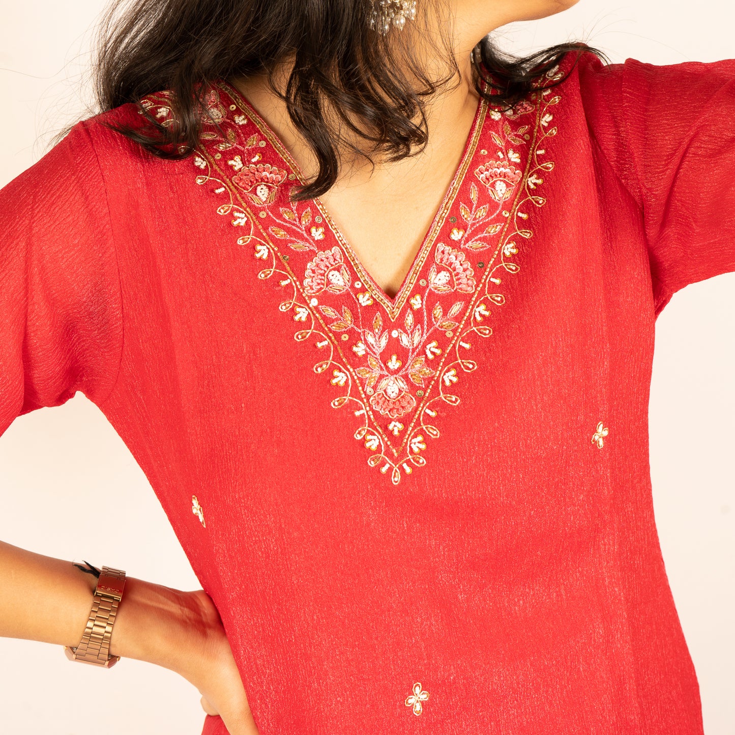 Crush silk red kurti set