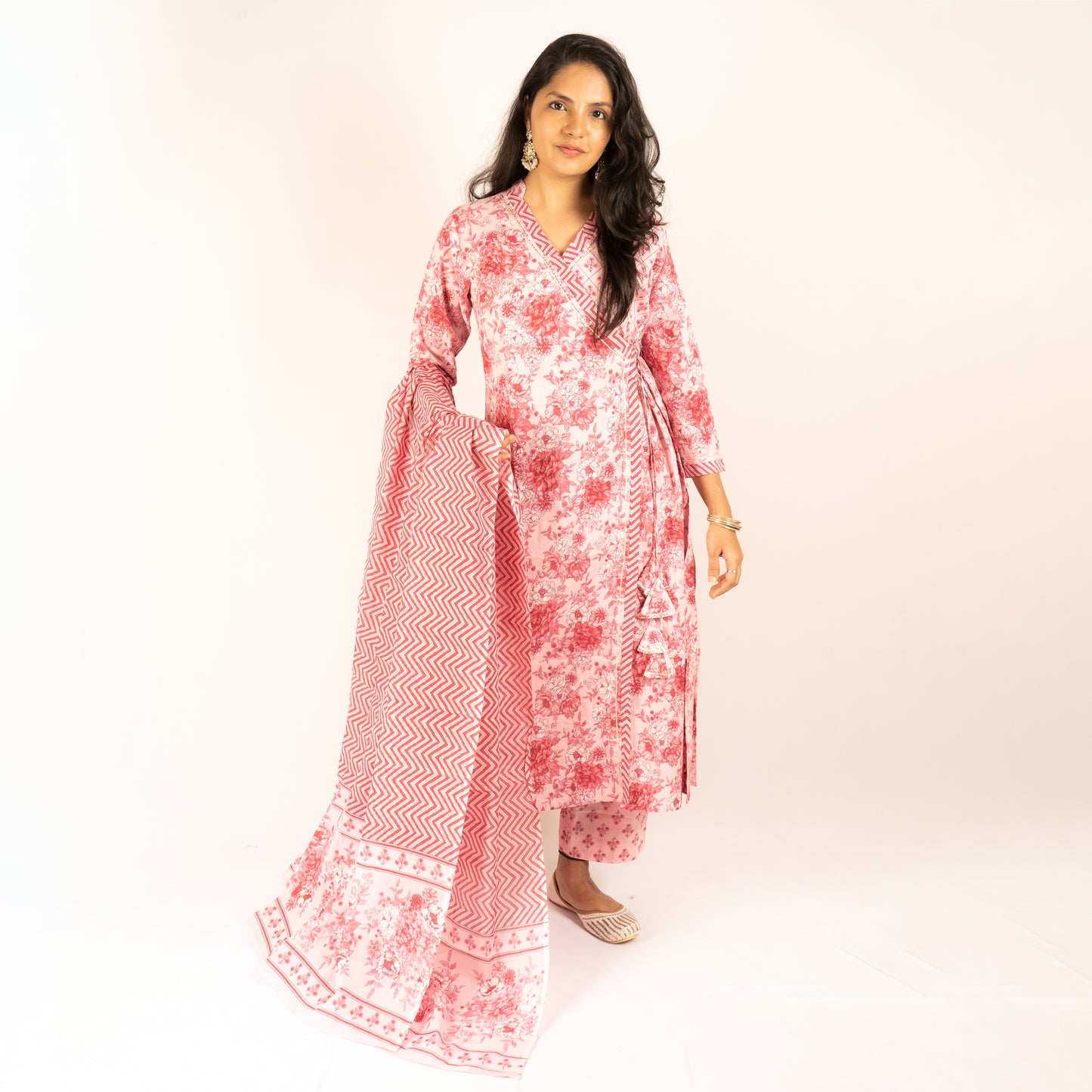 Pink Angrakha cotton kurti set