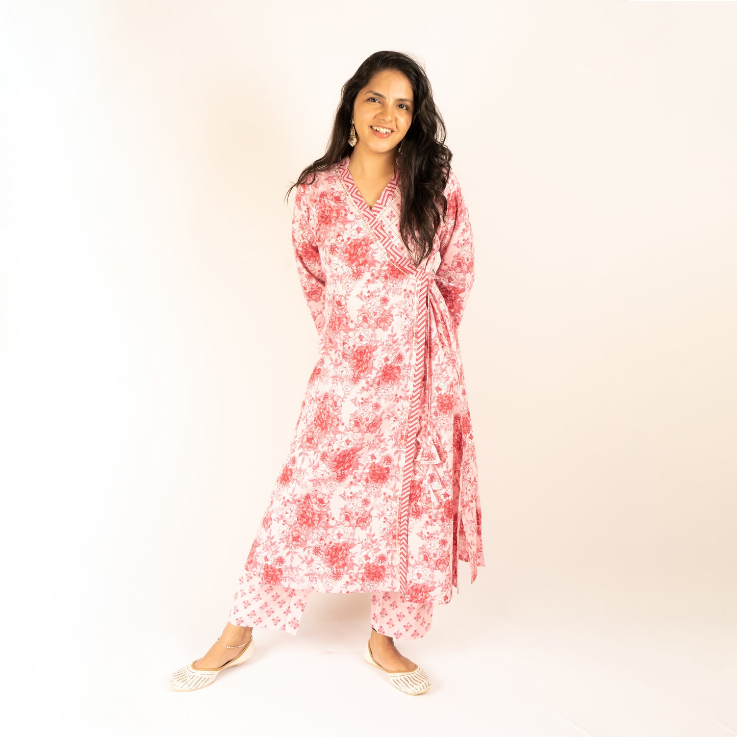 Pink Angrakha cotton kurti set