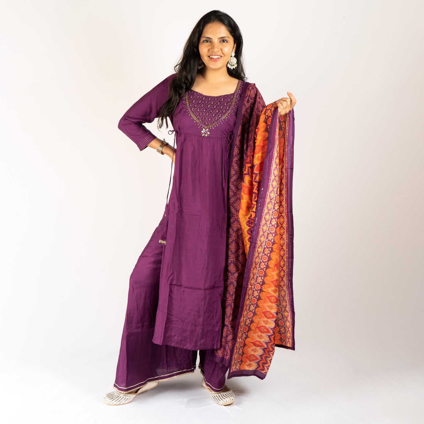 Wine cotton-silk kurti with plazzo set