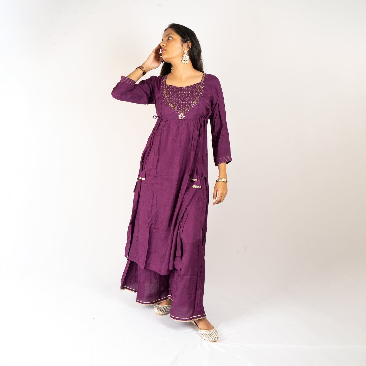 Wine cotton-silk kurti with plazzo set