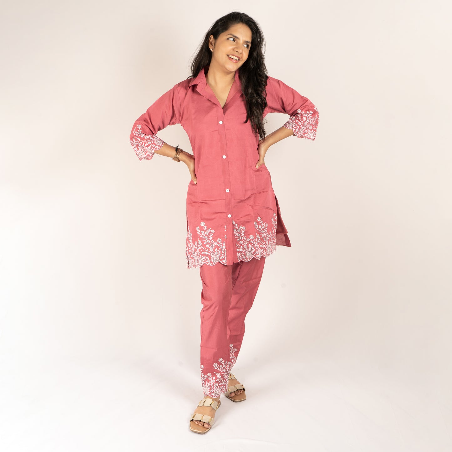 Embroidery pink co-ord set