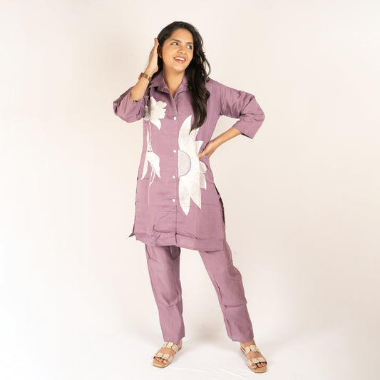 Lilac Embroidery cotton silk co-ord set