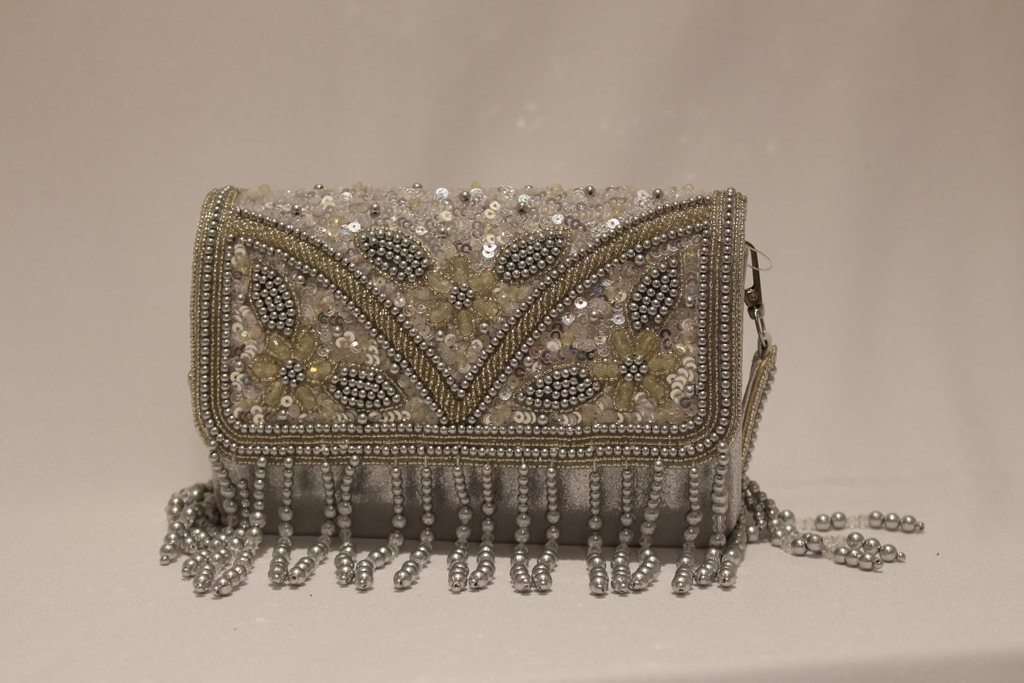 Embellished pearl clutch with handle & sling