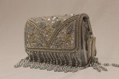 Embellished pearl clutch with handle & sling
