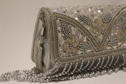 Embellished pearl clutch with handle & sling