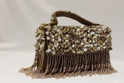 brown pearls work clutch with sling