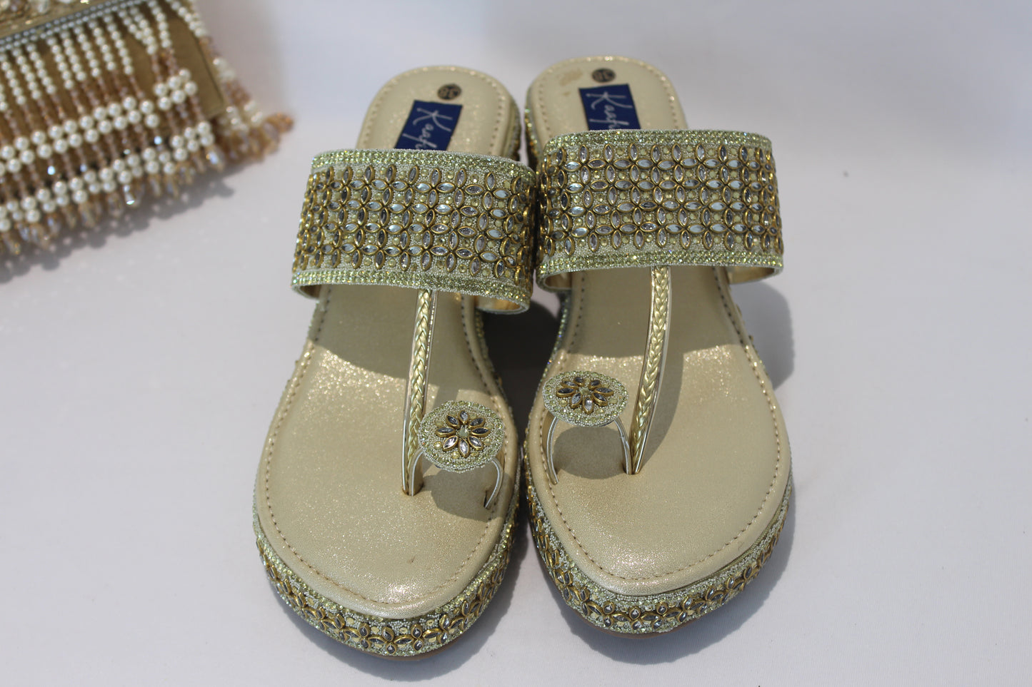 Golden Kundan Stone Wedges Footwear