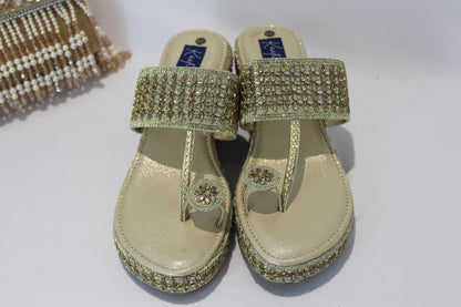 Golden Kundan Stone Wedges Footwear