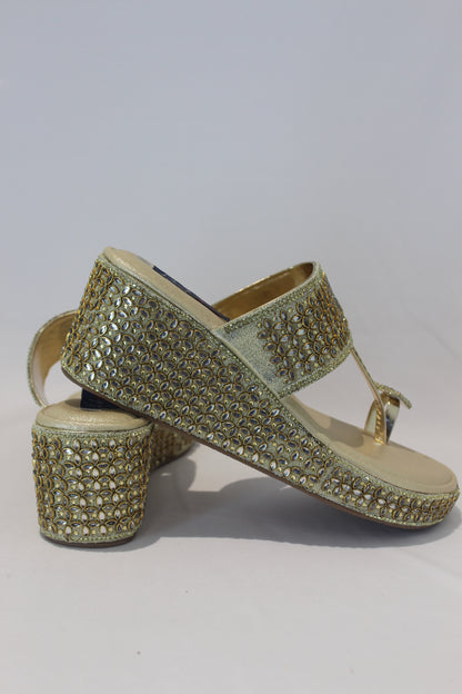 Golden Kundan Stone Wedges Footwear